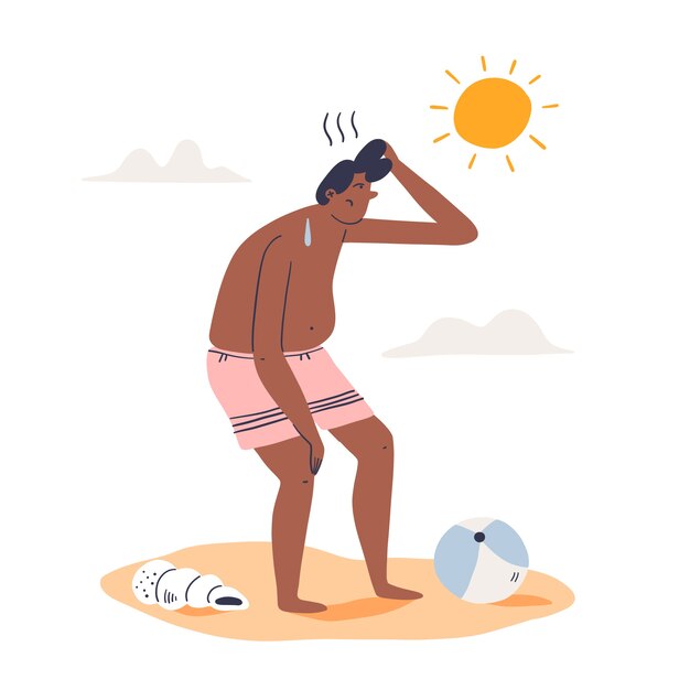 Ilustración plana de calor de verano con hombre bajo el sol