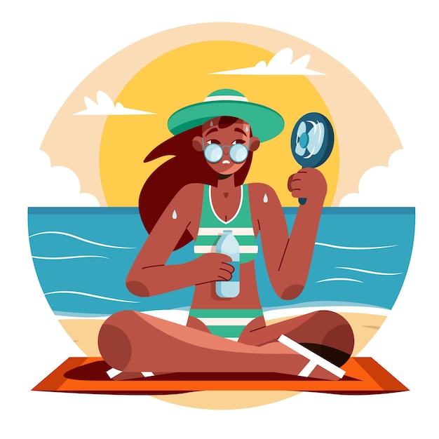 Vector gratuito ilustración plana de calor de verano con mujer en la playa