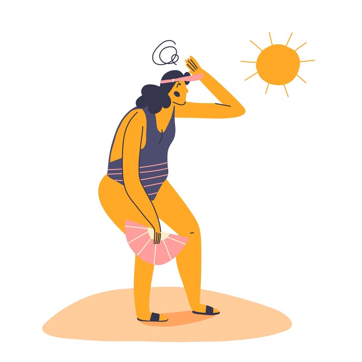 Vector gratuito ilustración plana de calor de verano con una mujer sosteniendo un abanico al sol