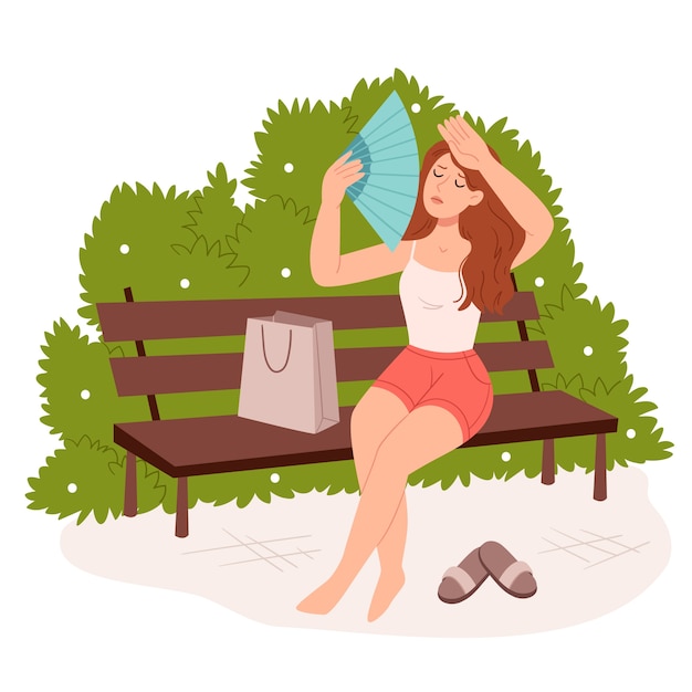 Vector gratuito ilustración plana de calor de verano con una mujer sosteniendo un abanico descalzo en el banco