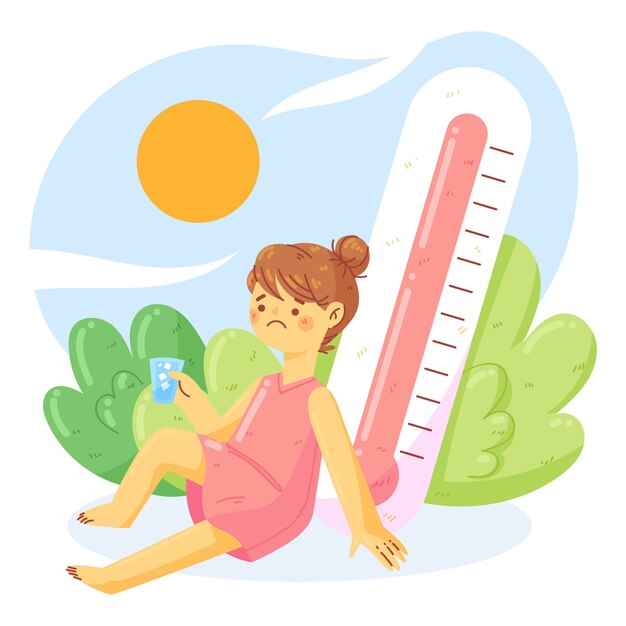 Ilustración plana de calor de verano con mujer sosteniendo un vaso de agua y un termómetro