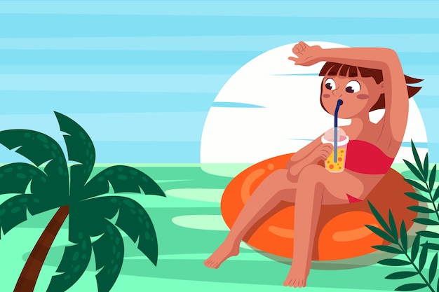 Vector gratuito ilustración plana de calor de verano con una mujer tomando un cóctel en un salvavidas