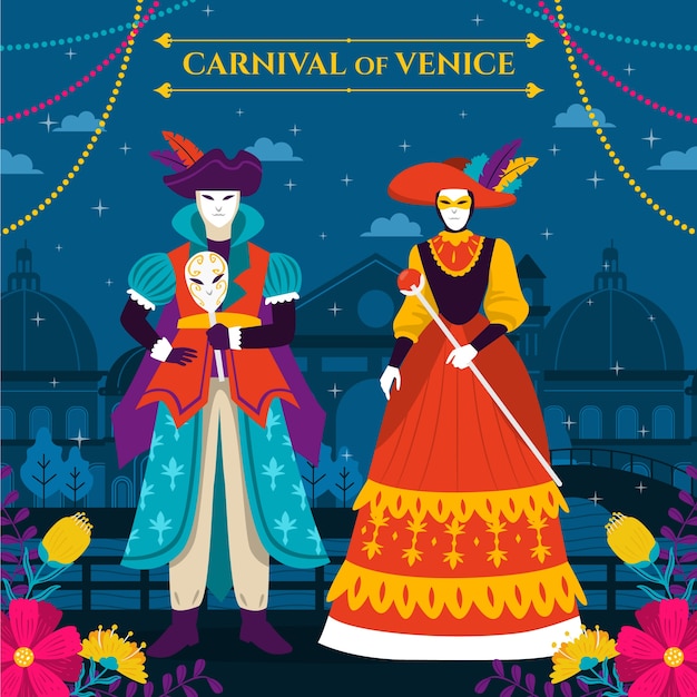 Ilustración plana del carnaval de venecia