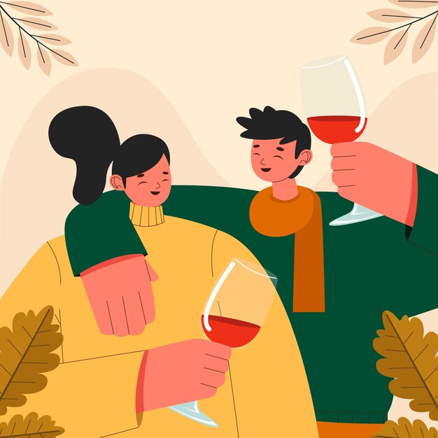 Ilustración plana para la celebración de la amistad con una pareja sosteniendo copas de vino