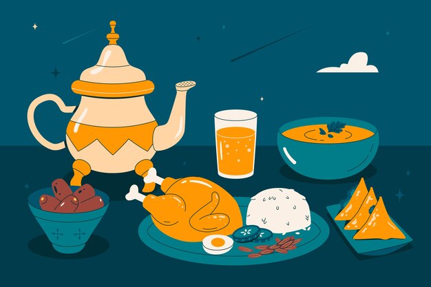 Ilustración plana de celebración de comida iftar