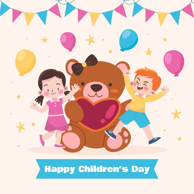 Ilustración plana para la celebración del día mundial del niño con niños jugando