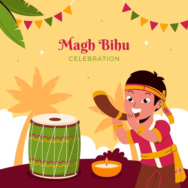 Ilustración plana de celebración del festival magh bihu