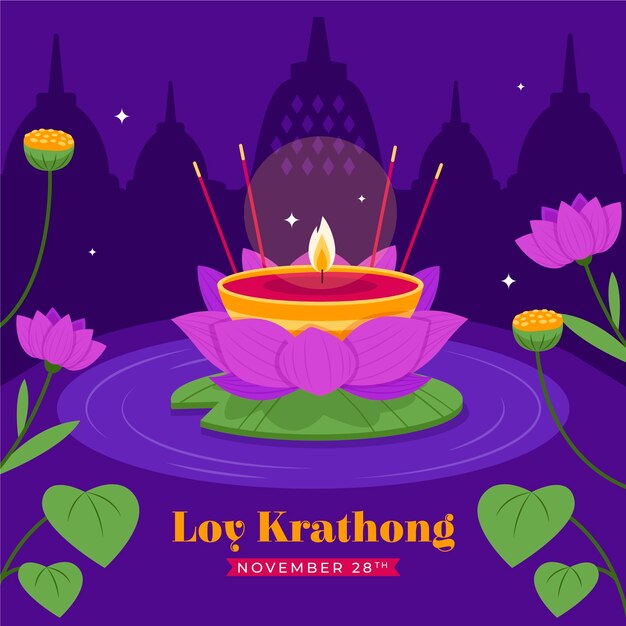Ilustración plana para la celebración de loy krathong con vela en flor de loto