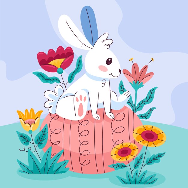 Ilustración plana para celebración de pascua con conejito y huevo