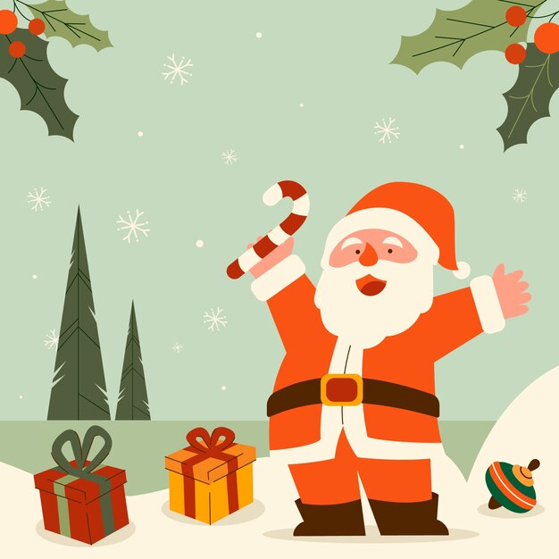 Ilustración plana para la celebración de la temporada navideña con dibujos animados de santa claus