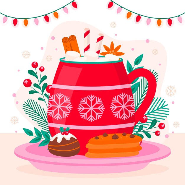 Ilustración plana para la celebración de la temporada navideña con taza y bebida caliente