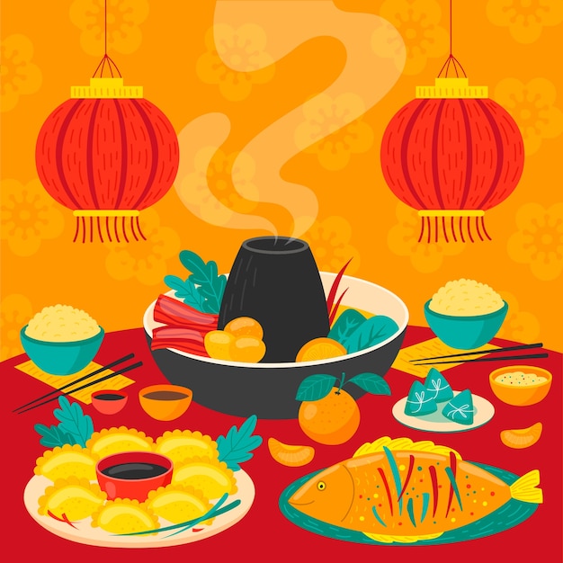 Ilustración plana para la cena de reunión de Año Nuevo chino