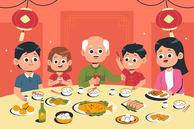 Ilustración plana para la cena de reunión de Año Nuevo chino