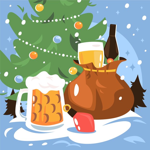 Ilustración plana de cerveza navideña