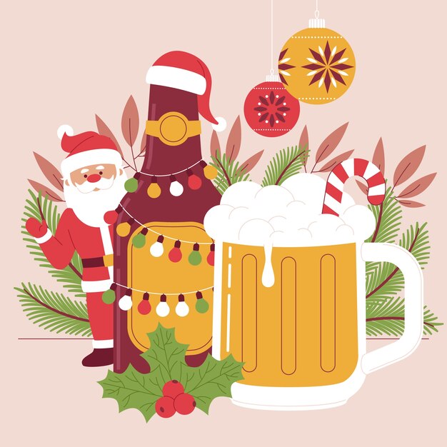 Ilustración plana de cerveza navideña