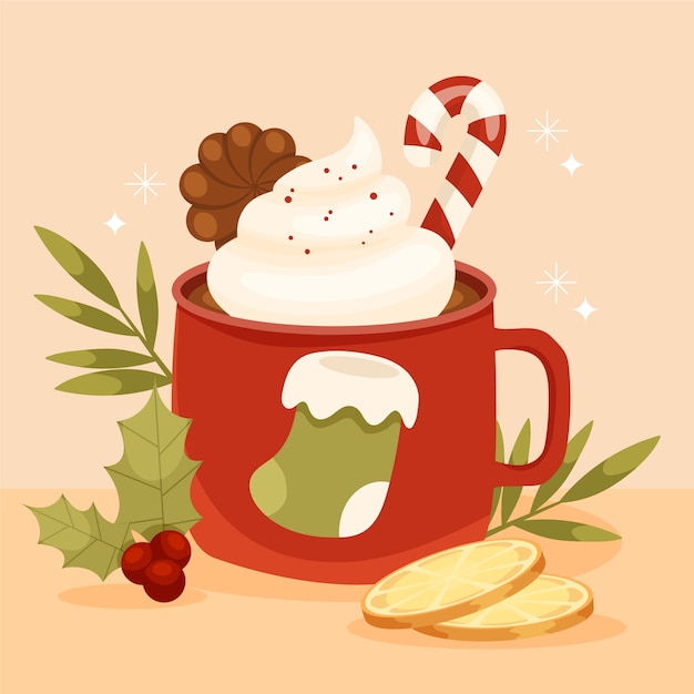 Ilustración plana de chocolate caliente de navidad