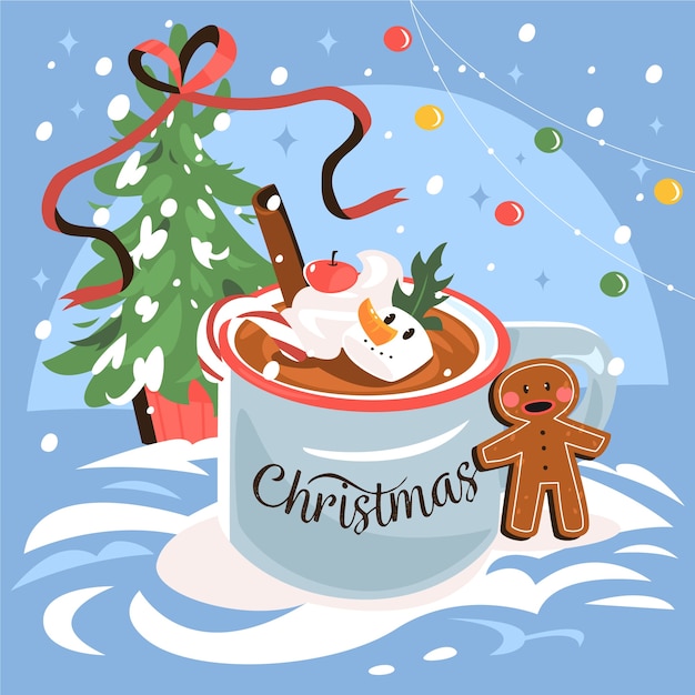 Ilustración plana de chocolate caliente de navidad