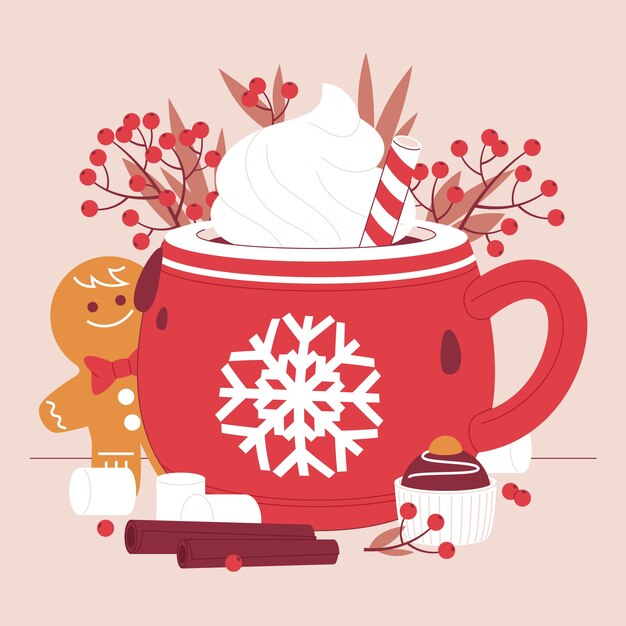 Ilustración plana de chocolate caliente de navidad