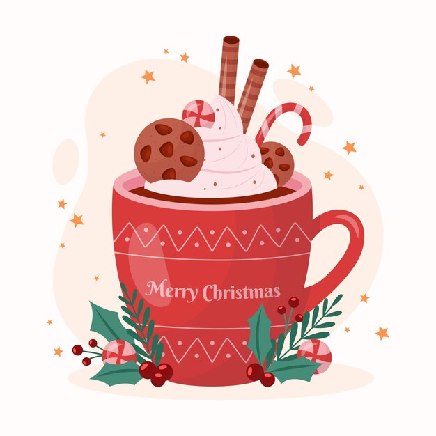 Ilustración plana de chocolate caliente de temporada navideña