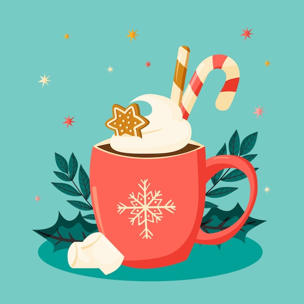 Ilustración plana de chocolate caliente de temporada navideña