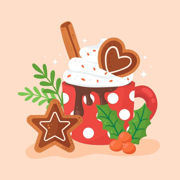 Ilustración plana de chocolate caliente de temporada navideña