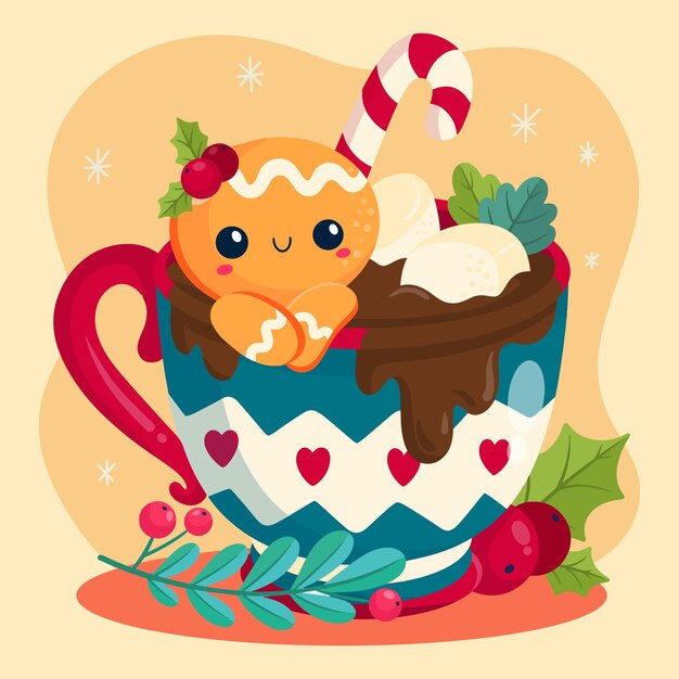 Ilustración plana de chocolate caliente de temporada navideña