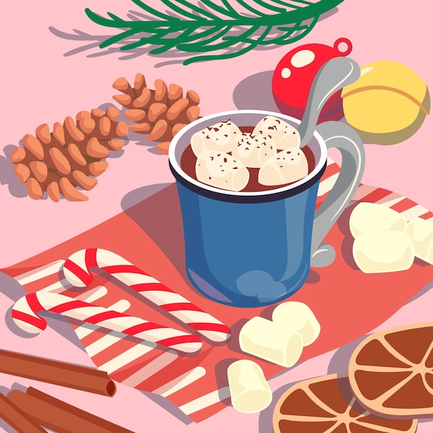 Ilustración plana de chocolate caliente de temporada navideña
