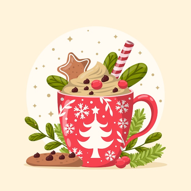 Ilustración plana de chocolate caliente de temporada navideña