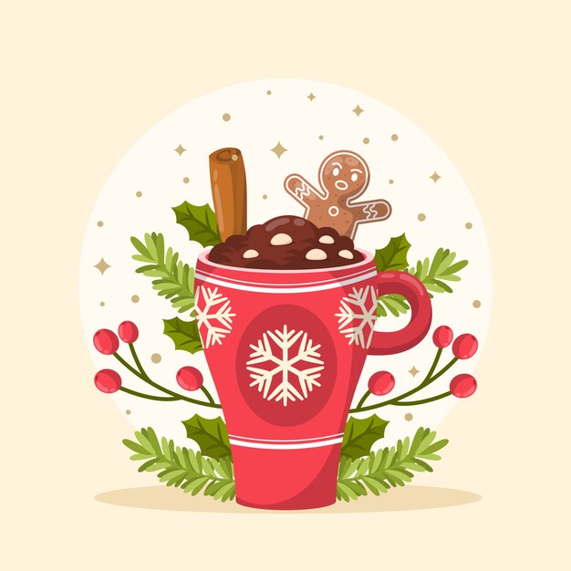 Ilustración plana de chocolate caliente de temporada navideña