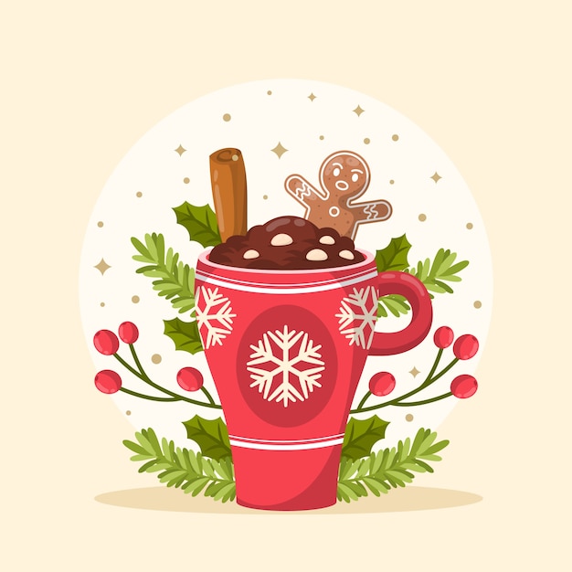 Ilustración plana de chocolate caliente de temporada navideña