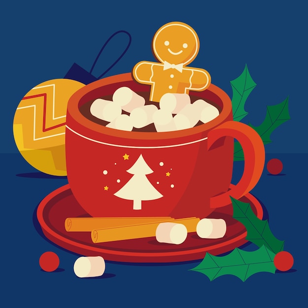 Ilustración plana de chocolate caliente de temporada navideña