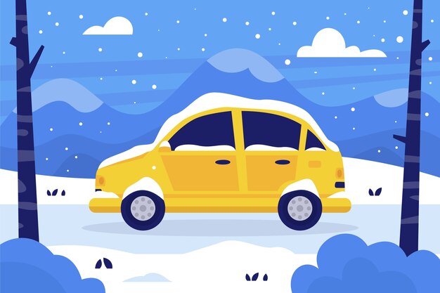 Ilustración plana de coche de nieve de invierno
