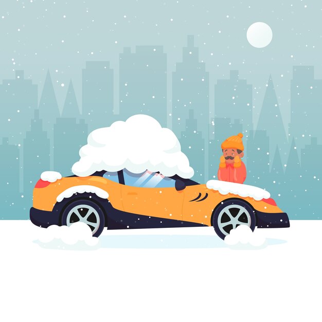 Ilustración plana de coche de nieve de invierno