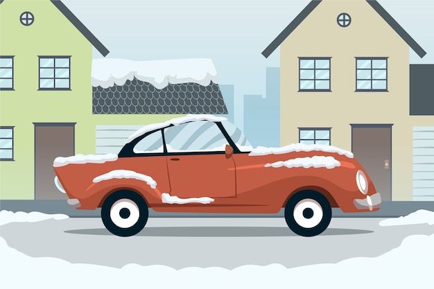 Ilustración plana de coche de nieve de invierno