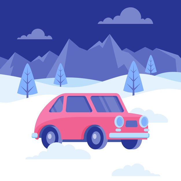 Ilustración plana de coche de nieve de invierno