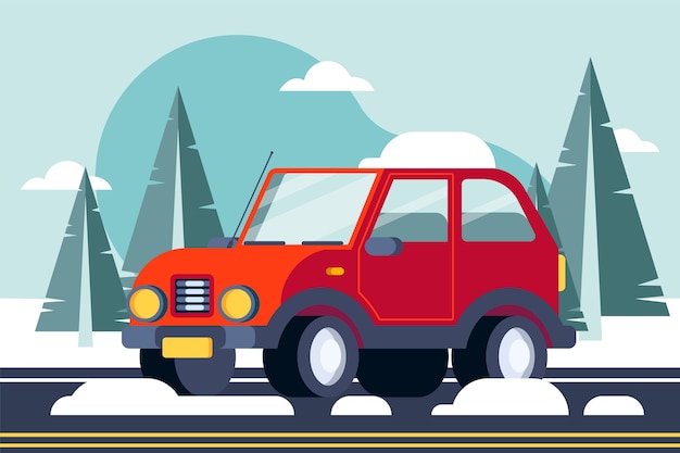 Vector gratuito ilustración plana de coche de nieve de invierno