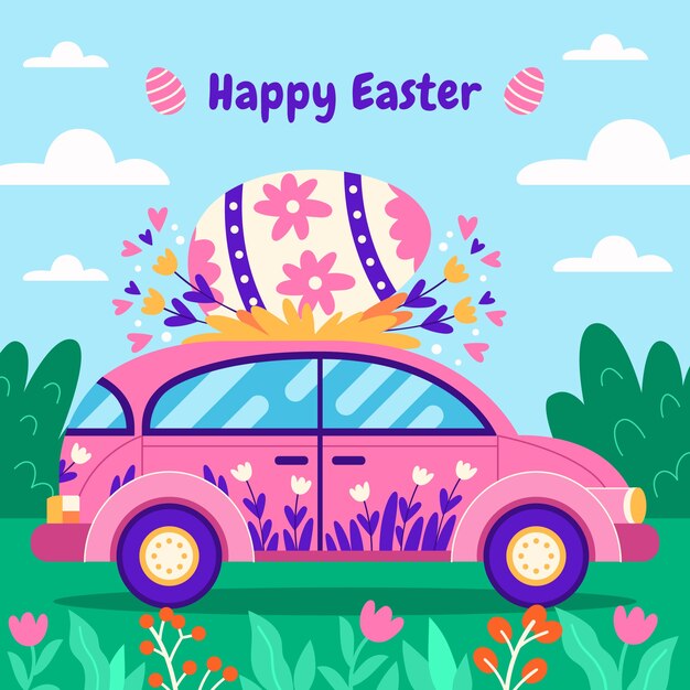 Ilustración plana del coche de pascua