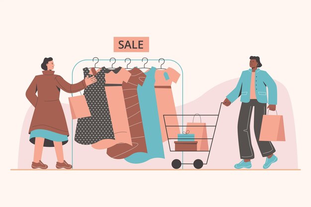 Ilustración plana y colorida de personas comprando