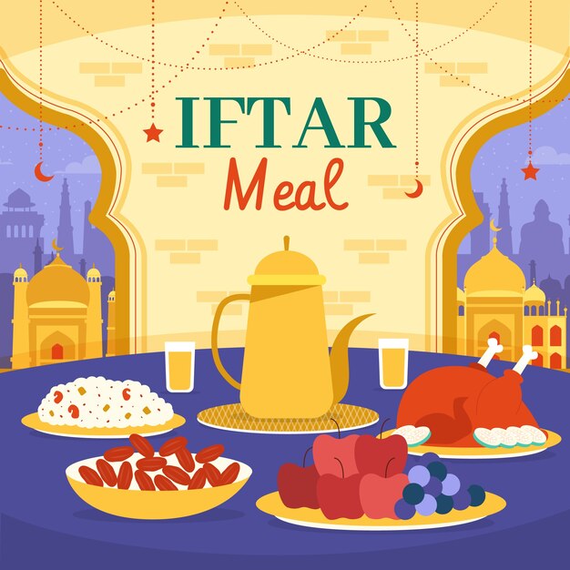 Ilustración plana de comida iftar para la celebración del ramadán islámico