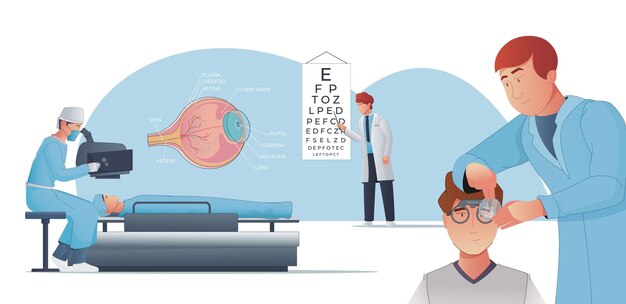 Ilustración plana de corrección de la visión con oftalmólogos revisando la vista seleccionando lentes para anteojos que realizan la ilustración del vector de cirugía láser