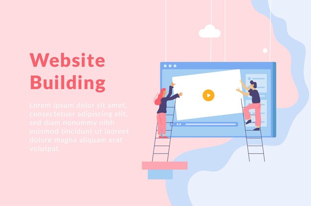 Ilustración plana de desarrollo web con gente de ventana de pantalla de computadora colgante en escaleras y texto