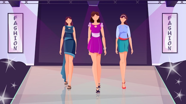 Vector gratuito ilustración plana de desfile de moda con tres jóvenes delgadas en ropa de moda caminando en la pasarela