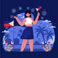 Vector gratuito ilustración plana del día de la independencia de filipina con una persona que sostiene la bandera