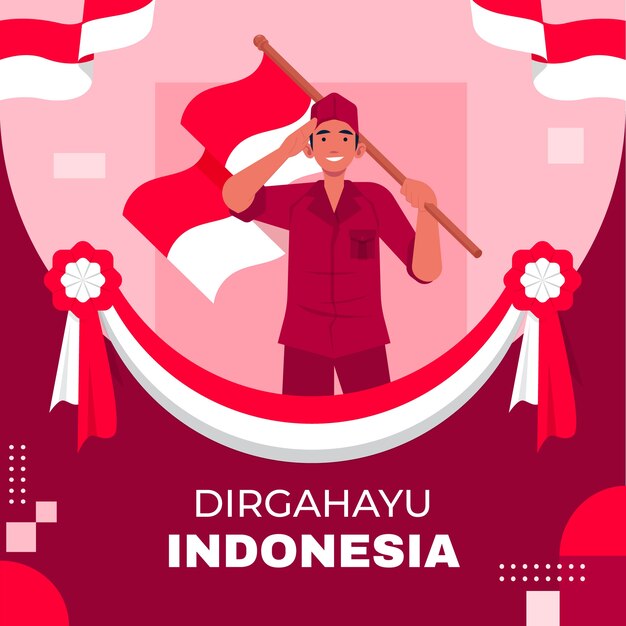 Ilustración plana del día de la independencia de indonesia con una persona que sostiene la bandera y saluda