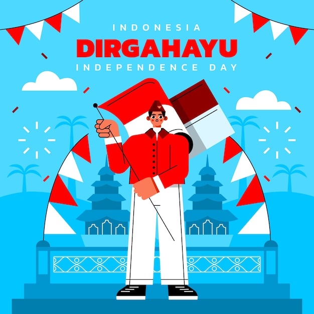 Vector gratuito ilustración plana del día de la independencia de indonesia con una persona que sostiene la bandera