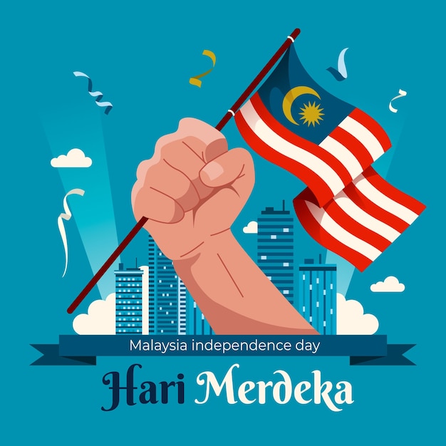 Vector gratuito ilustración plana del día de la independencia de malasia con la mano que sostiene la bandera