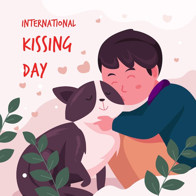 Ilustración plana del día internacional del beso con niño y gato