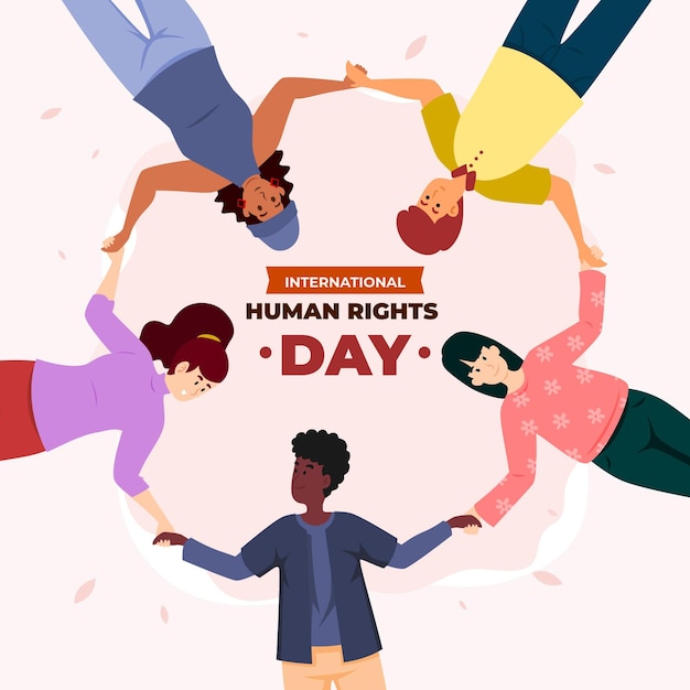 Ilustración plana del día internacional de los derechos humanos con personas cogidas de la mano