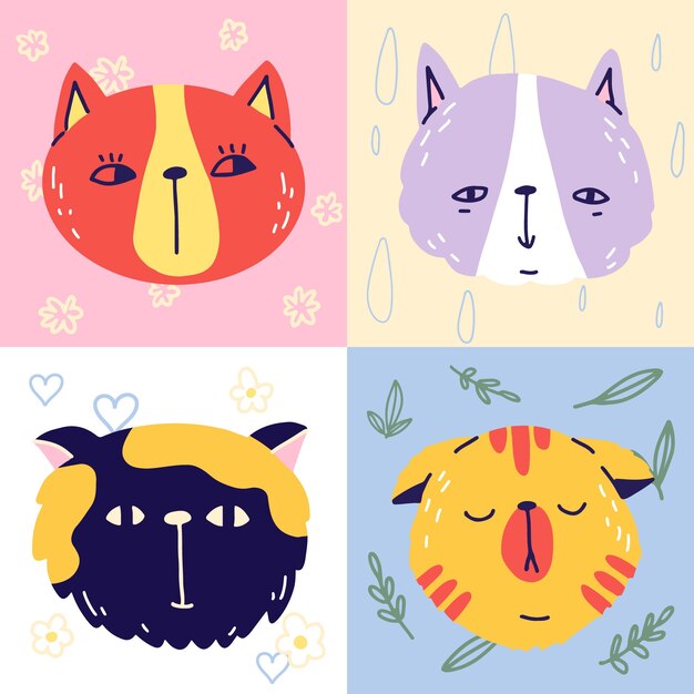 Ilustración plana del día internacional del gato con caras de gato