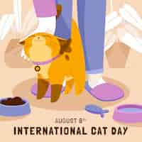 Vector gratuito ilustración plana del día internacional del gato con gato alrededor de las piernas del propietario